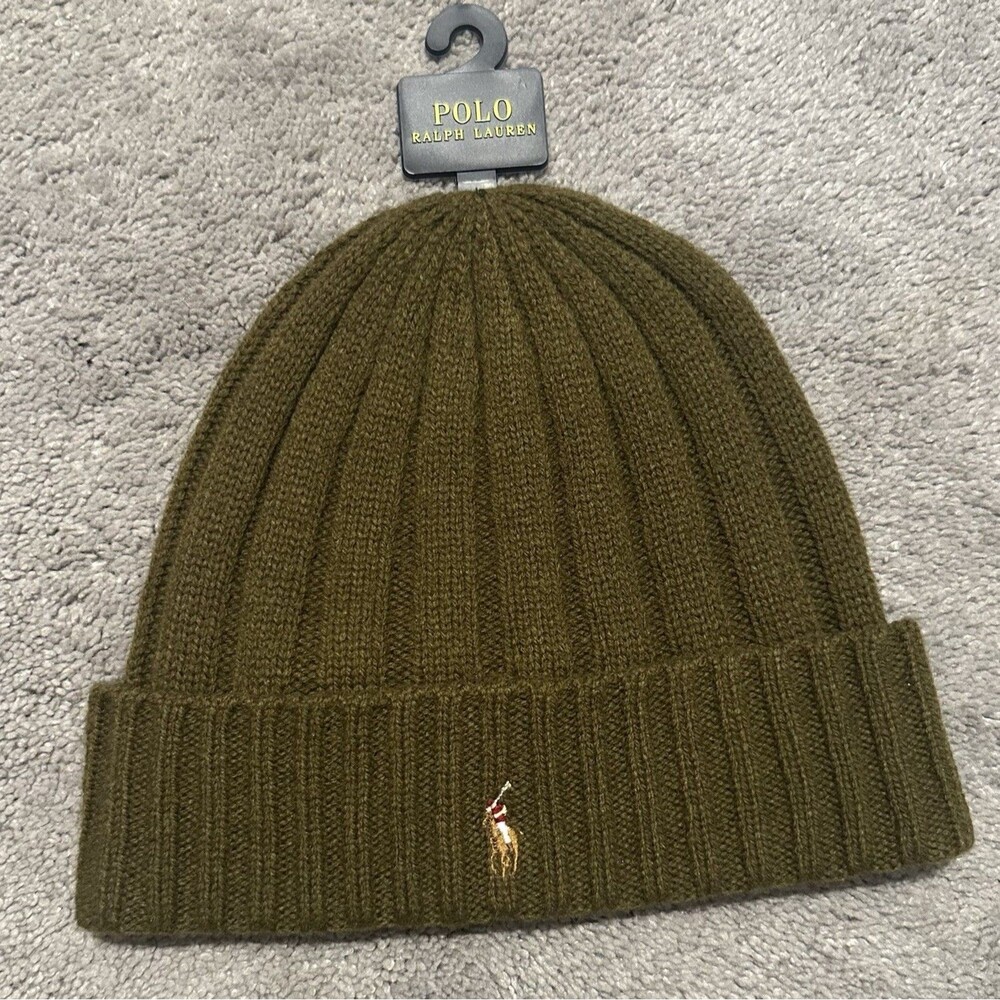 Polo Ralph Lauren Ribbed Cuff Beanie One Size Green Wool Blend Pony Logo Preppy